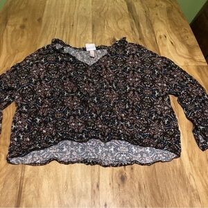 Knox Rose Lightweight Abstract Black Floral Long Sleeve One Button Womens XL Top